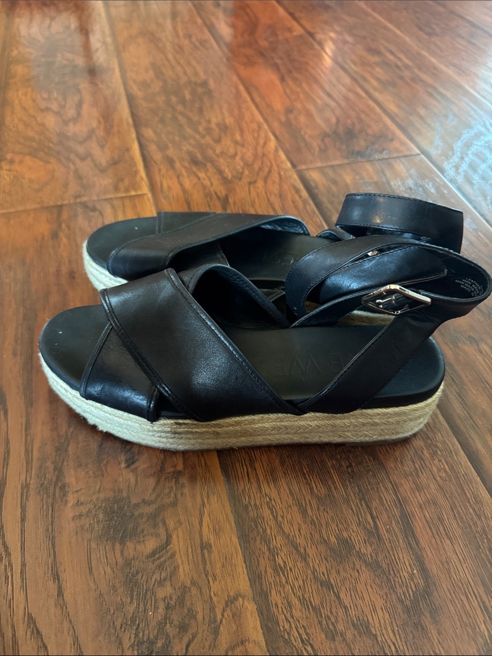Nine West Black Leather Espadrille-Style Platform Sandals